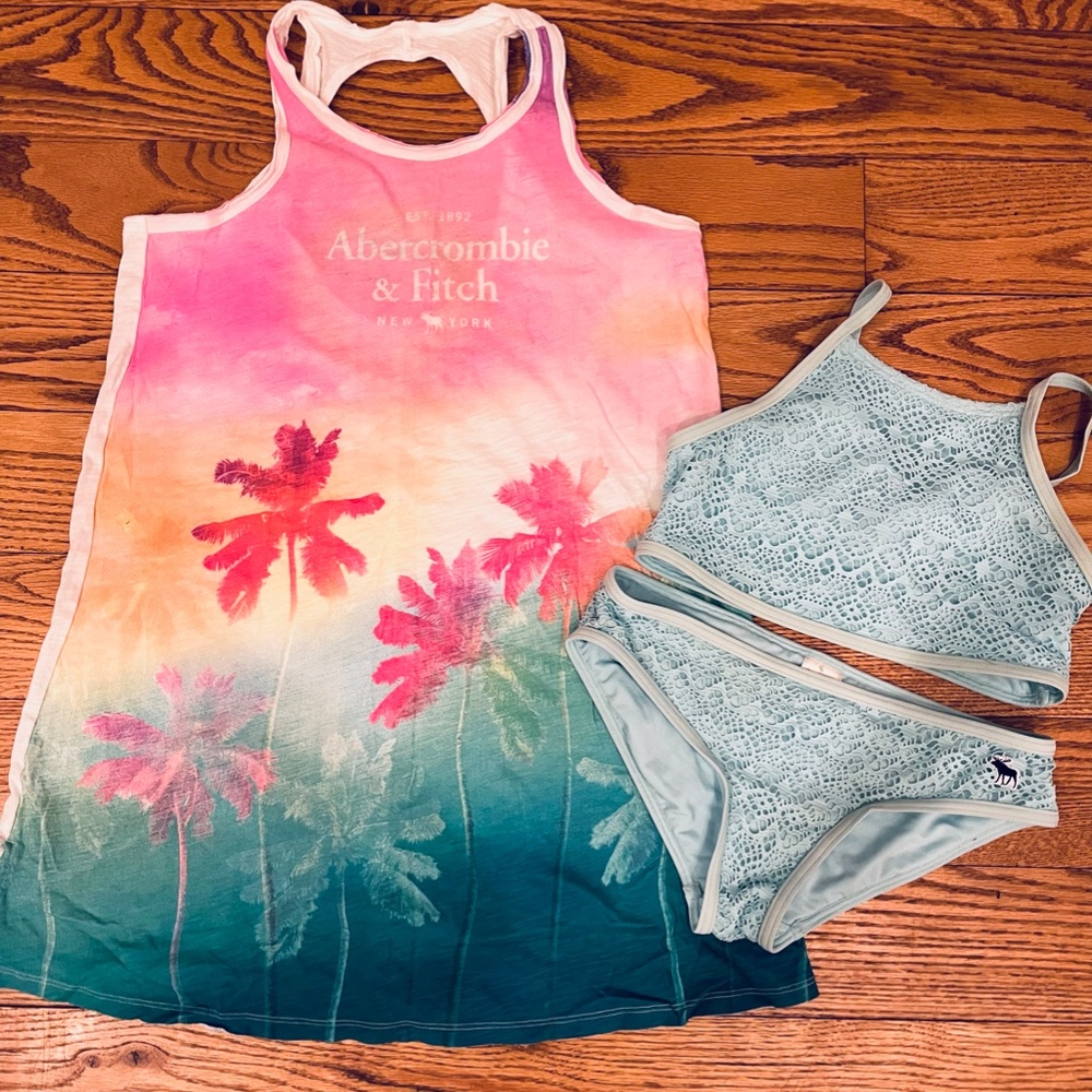 Girls Abercrombie Kids Teal Lace Bathing Suit Bikini Set and Coverup Size 15/16